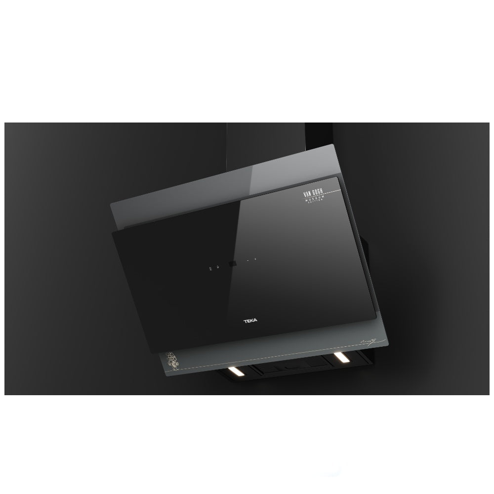 Hota cu design vertical, Teka DVT-VG 68660 TOS BK, 60 cm, 3 trepte putere si Turbo, Extractie perimetrala, Functie Freesh Air, 698 (m3/h), A+, Cristal gri închis/negru cu detalii în culoarea sampaniei