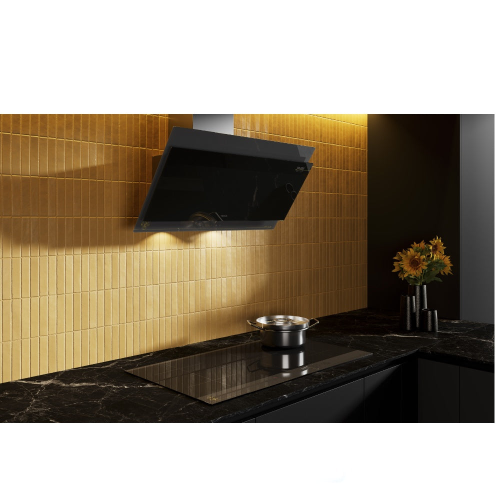 Hota cu design vertical, Teka DVT-VG 98660 TOS BK, 90 cm, 3 trepte putere si Turbo, Extractie perimetrala, Functie Freesh Air, 698 (m3/h), A+, Cristal gri închis/negru cu detalii în culoarea sampaniei