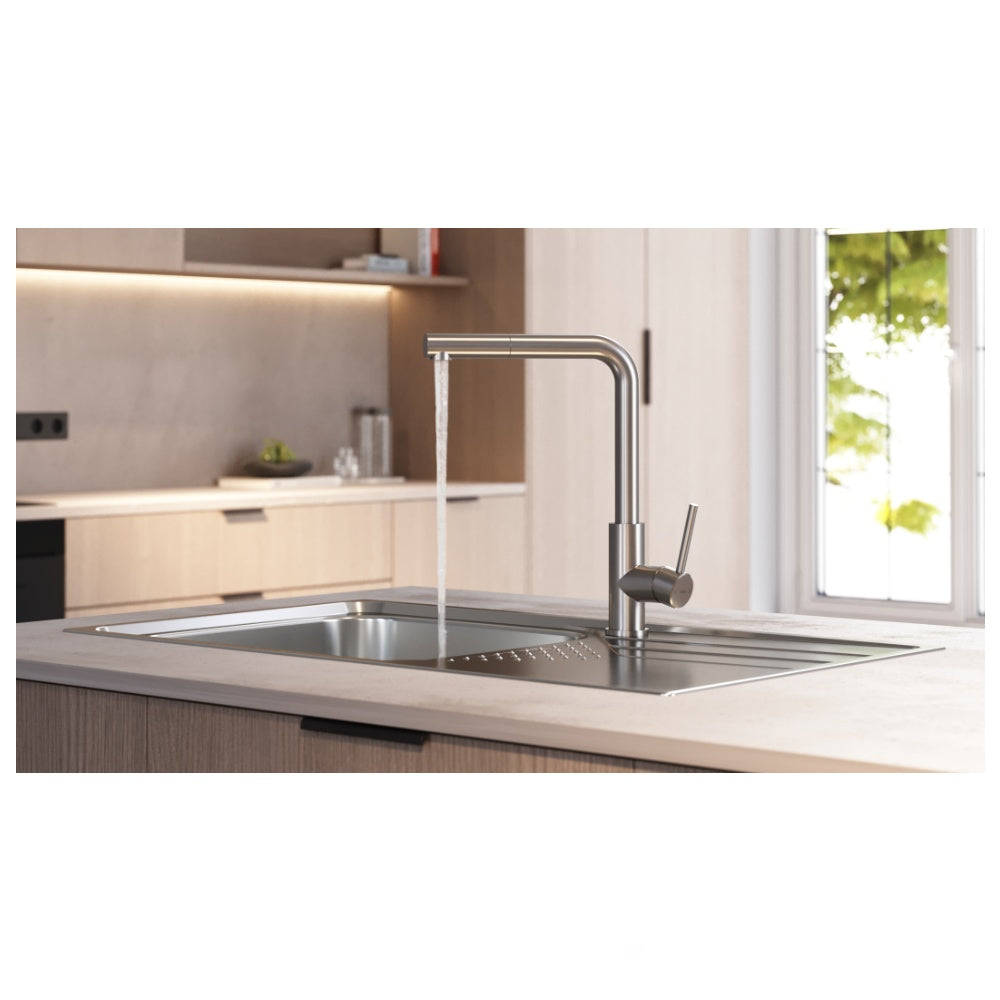 Baterie de bucatarie Teka UNI 9331 XP, cu teava inalta, cartus Eco, dus extractibil, Inox