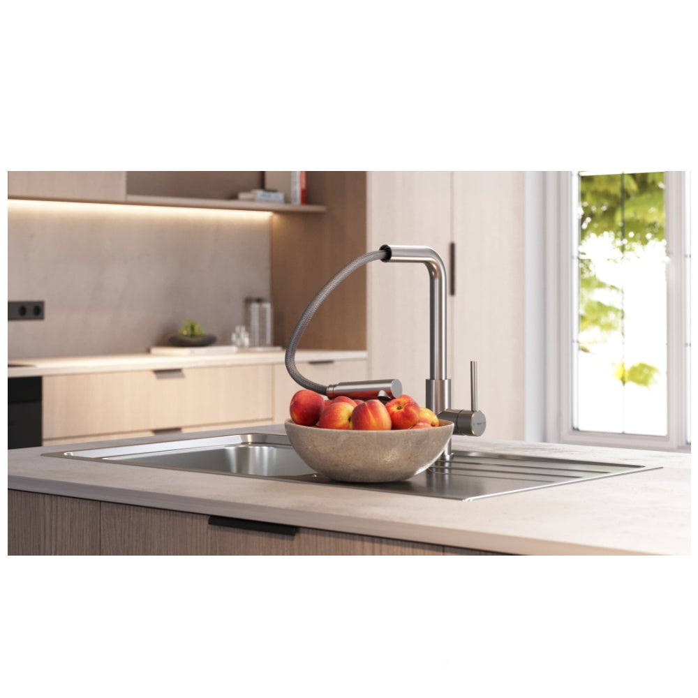 Baterie de bucatarie Teka UNI 9331 XP, cu teava inalta, cartus Eco, dus extractibil, Inox