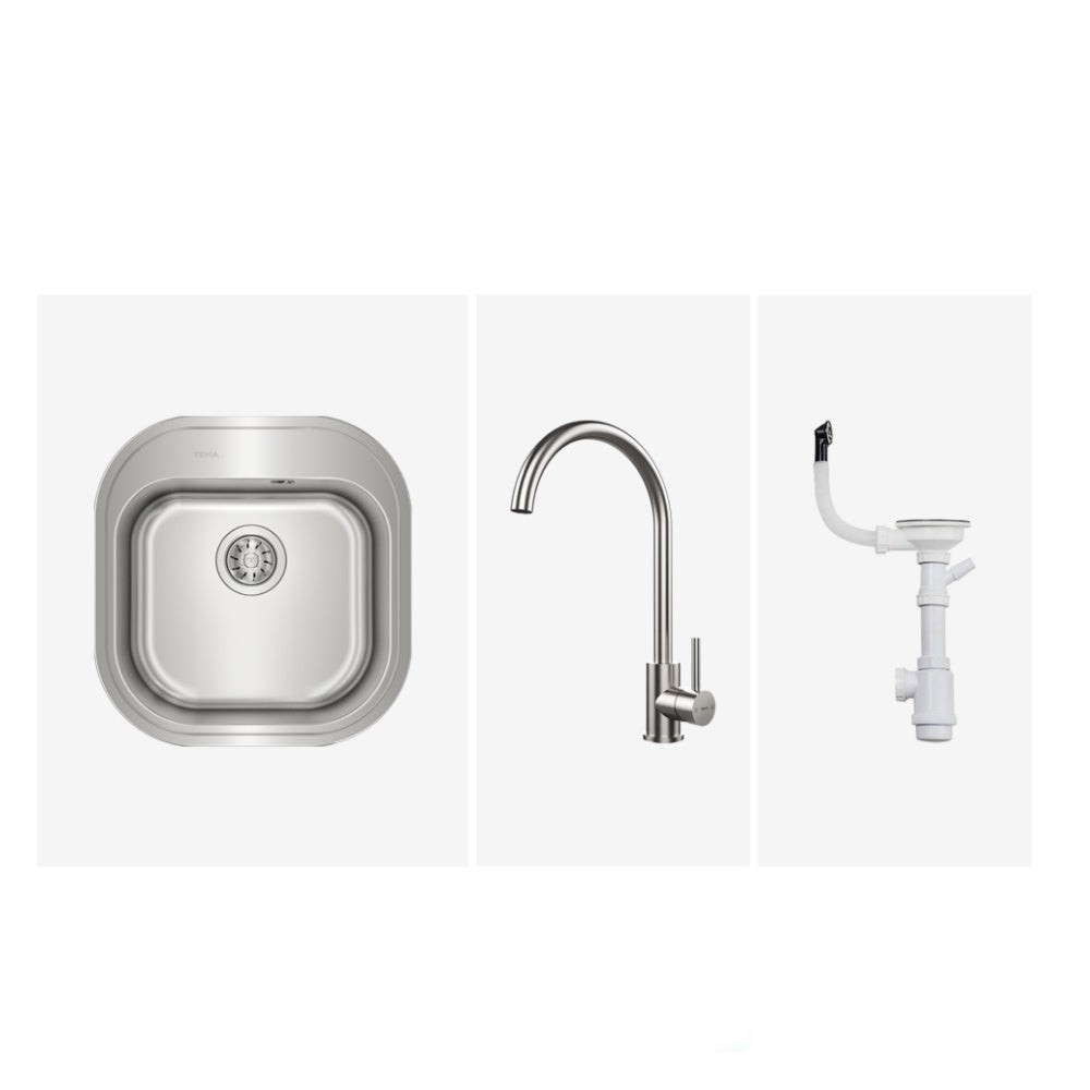 Pachet chiuveta bucatarie Teka TEKAWAY STYLO 1B, 465 x 485 mm si baterie Teka UNI 9310 XP, inox
