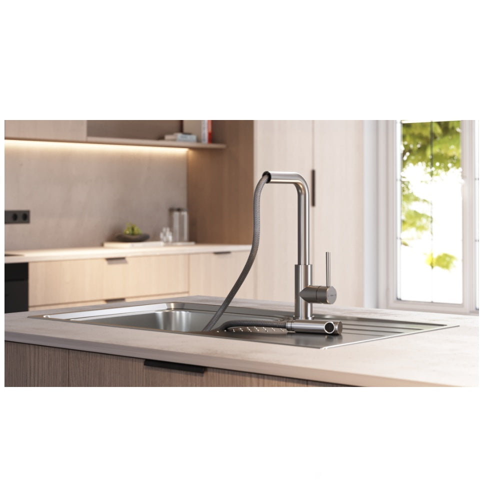 Baterie de bucatarie Teka UNI 9331 XP, cu teava inalta, cartus Eco, dus extractibil, Inox