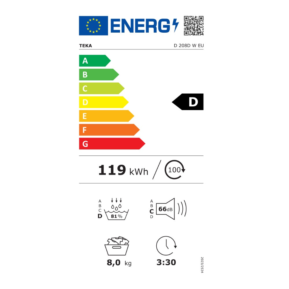 Uscator de rufe free-standing Teka D 208D W EU cu Pompa de caldura prin condensare, Motor invertor, 8 kg, 16 programe, clasa D, 60 cm, alb