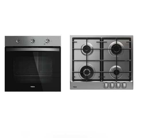 Pachet Cuptor incorporabil Teka NEO HBB 6050 SS, ThermoSeal, HydroClean, 70 litri, A, plus Plita pe gaz Teka GSC 64320 XBC IX, 4 zone de gatit, 60 cm, gratare fonta, inox