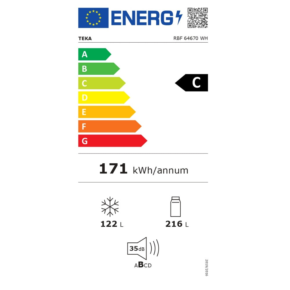 Combina frigorifica free-standing Teka RBF 64670 WH, 338 l, Motor inverter, Afisaj electronic pe usa, Clasa C, No Frost, H 185 cm, Alb