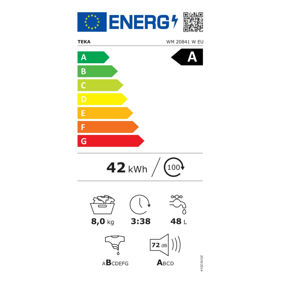 Masina de spalat rufe free-standing Teka WM 20841 W, 8 kg, 1400 rpm, motor inverter, 15 programe de spalare, 60 cm, Clasa A, alba