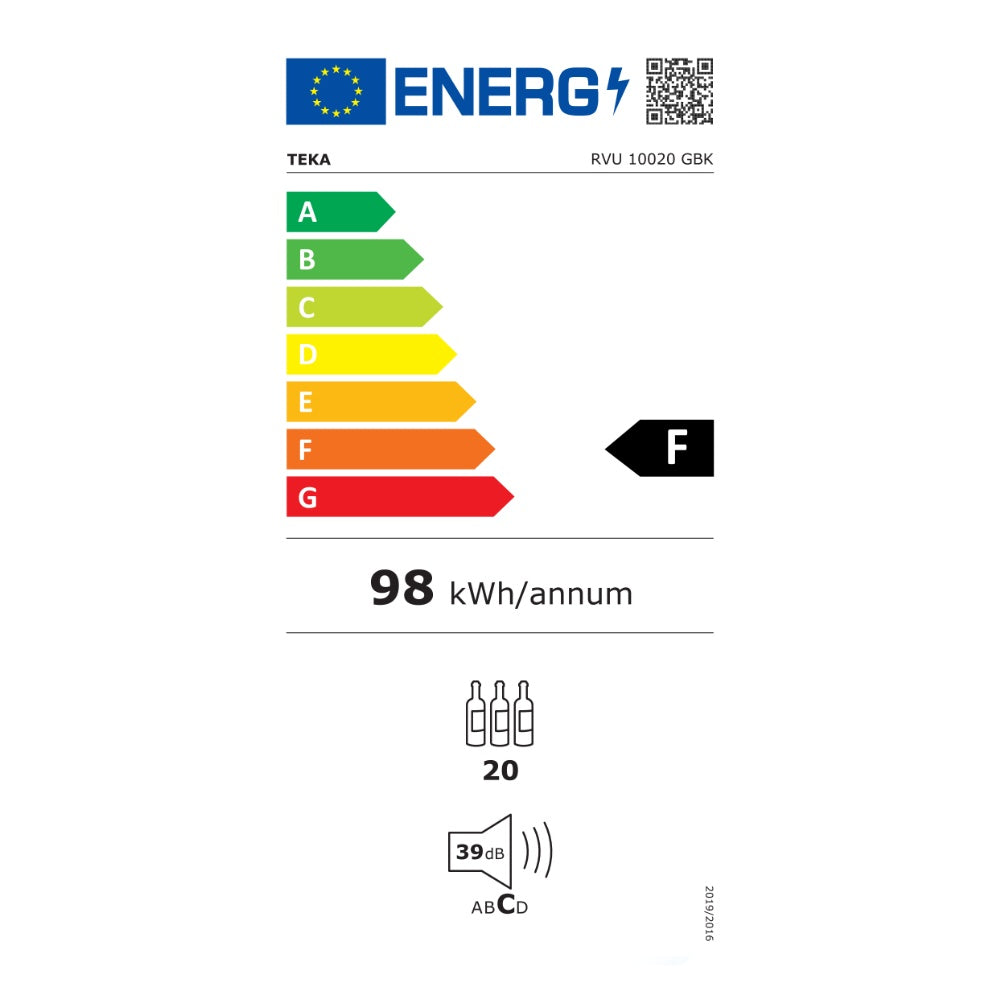 Vitrina frigorifica de vinuri free-standing Teka RVU 10020, 20 sticle, Clasa F, Volum net 58 l, Touch control, Temperatura ajustabila, Iluminare LED, Negru