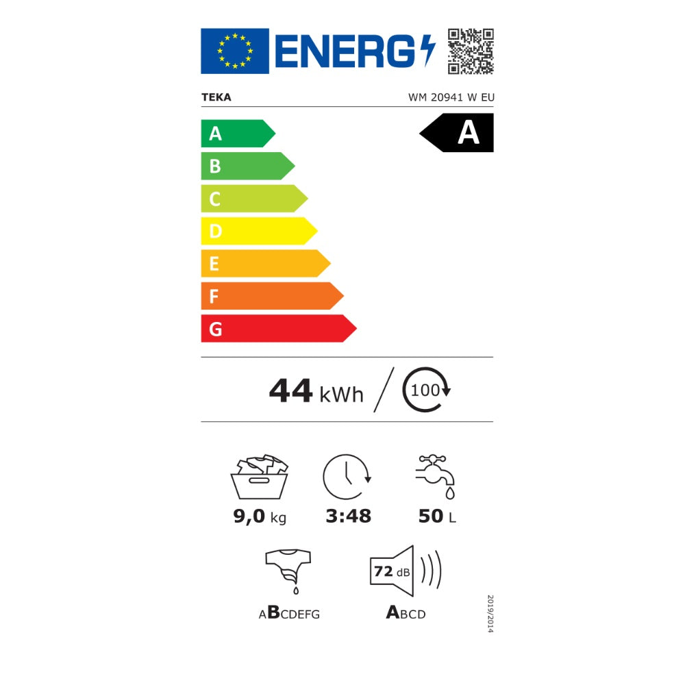 Masina de spalat rufe free-standing Teka WM 20941 W EU, 9 kg, 1400 rpm, motor BLDC, 15 programe de spalare, 60 cm, Clasa A, alba