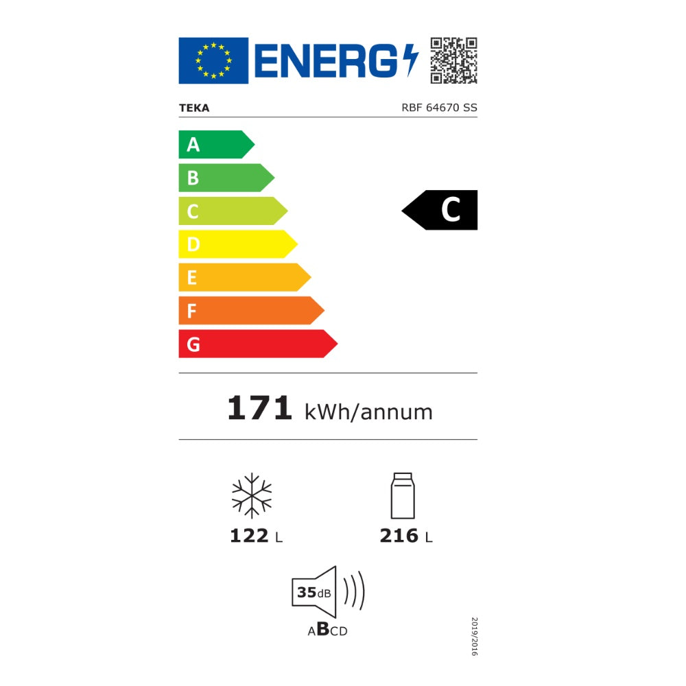 Combina frigorifica free-standing Teka RBF 64670 SS, 338 l, Motor inverter, Afisaj electronic pe usa, Clasa C, No Frost, H 185 cm, Inox
