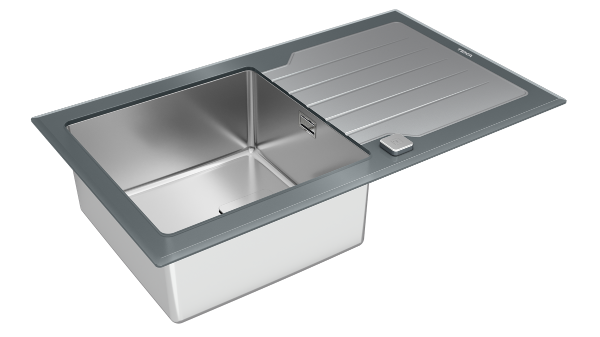 Chiuveta din inox Teka DIAMOND RS15 1B 1D 86, cu finisaj din sticla PureLine, 1 cuva din inox si 1 picurator, 860 x 510 mm, Cristal Stone Grey