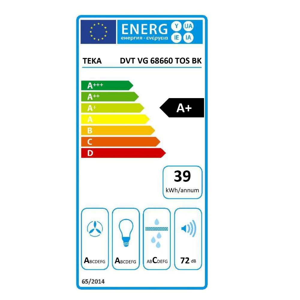 Hota cu design vertical, Teka DVT-VG 68660 TOS BK, 60 cm, 3 trepte putere si Turbo, Extractie perimetrala, Functie Freesh Air, 698 (m3/h), A+, Cristal gri închis/negru cu detalii în culoarea sampaniei