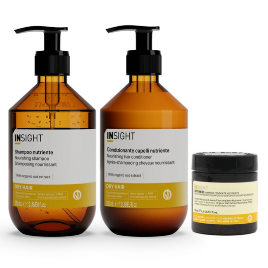 Pachet pentru par uscat, nutritiv cu extract de ovaz, organic, INSIGHT, sampon 350 ml, balsam 350 ml, masca 70 ml