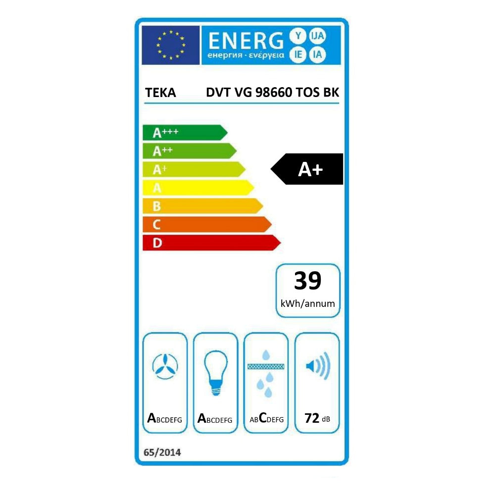 Hota cu design vertical, Teka DVT-VG 98660 TOS BK, 90 cm, 3 trepte putere si Turbo, Extractie perimetrala, Functie Freesh Air, 698 (m3/h), A+, Cristal gri închis/negru cu detalii în culoarea sampaniei