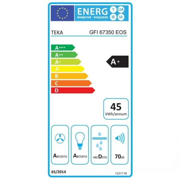 Hota incorporabila, integrata, Teka GFI 67350 EOS IX, 60 cm, 746 m3/h, clasa A+, Inox/cristal negru