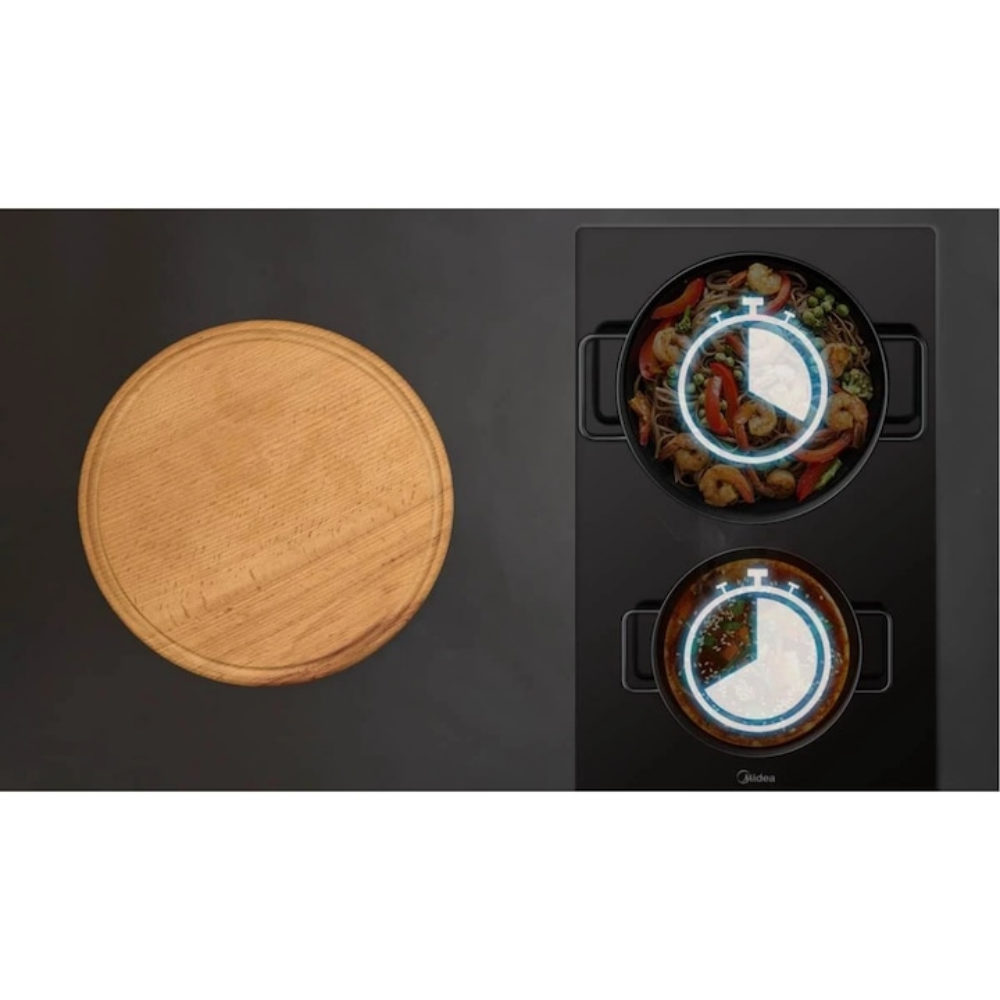 Plita electrica cu inductie Midea MIH350D157K0, 2 zone. 9 niveluri de putere, 28.8 cm, sticla neagra