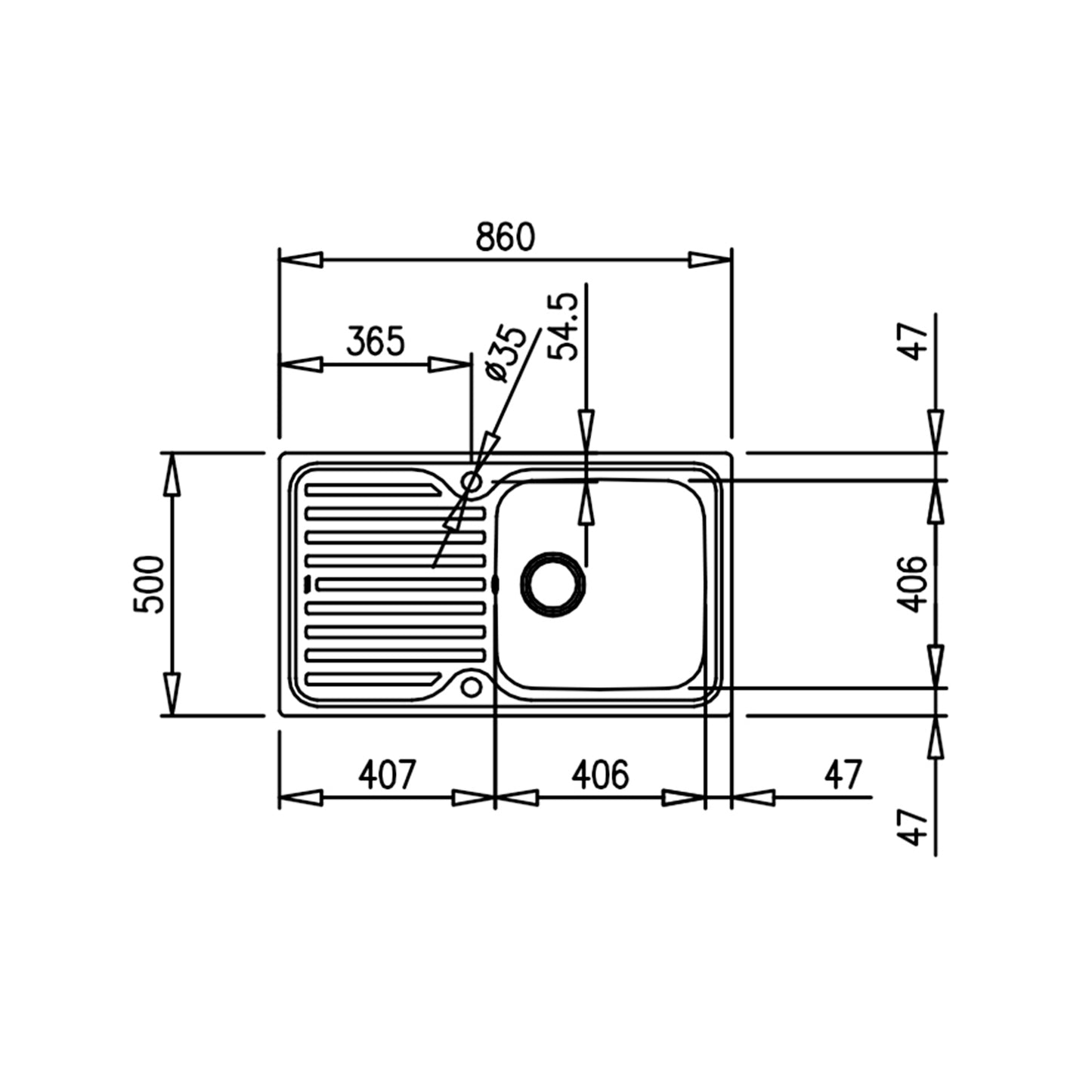 Chiuveta din inox Teka CLASSIC 1B 1D, 800 mm x 500 mm, 1 cuva, Inox lucios, Picurator stanga