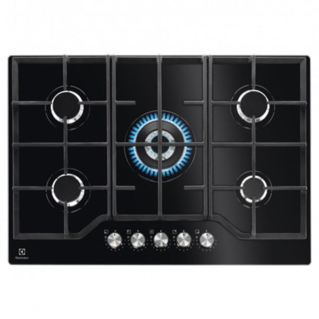 Plita pe gaz Electrolux KGG75362K, 75 cm, 5 arzatoare, gratare fonta, sticla neagra