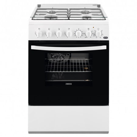 Aragaz Mixt Zanussi ZCK67211WA, 4 arzatoare gaz, aprindere electrica, Cuptor electric 6 functii, Gril, 60 cm, Casa A, Alb