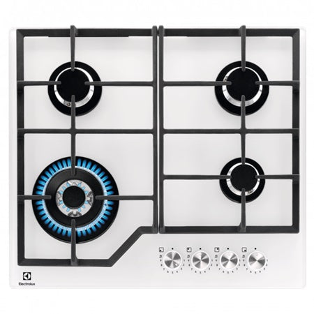 Plita pe gaz Electrolux KGG64362W, 60 cm, 4 arzatoare, gratare metalice, sticla alba