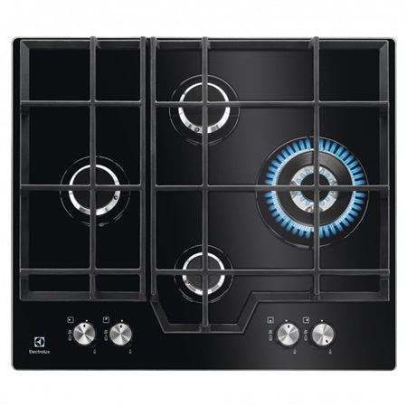 Plita pe gaz Electrolux KGG6456K, 60 cm, 4 arzatoare, gratare fonta, sticla neagra