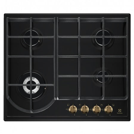 Plita pe gaz Electrolux EGH6343ROR, 60 cm, 4 arzatoare, Arzator Wok, Gratare fonta, negru mat