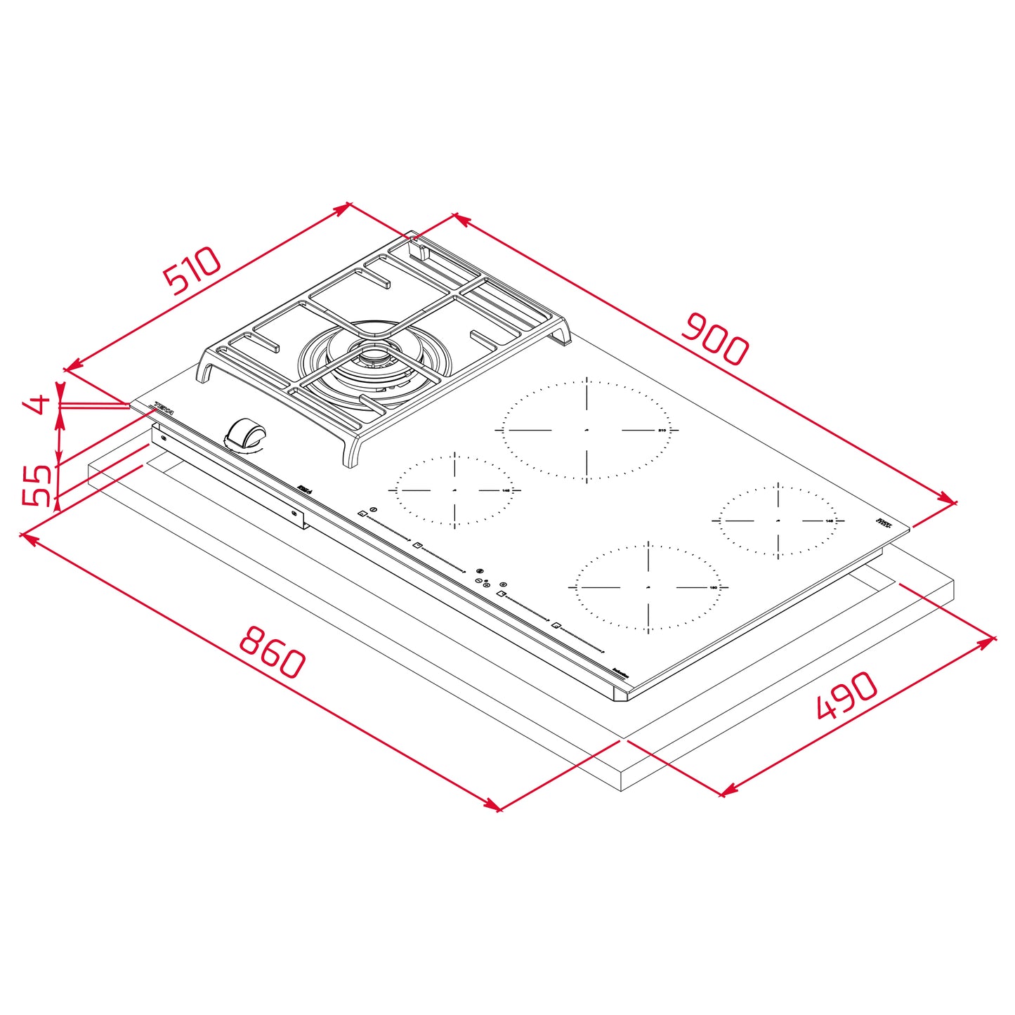 Plita mixta Teka JZC 95314 ABN BK,1 zonă gaz + 4 zone inducţie, 90 cm, sticla Negra