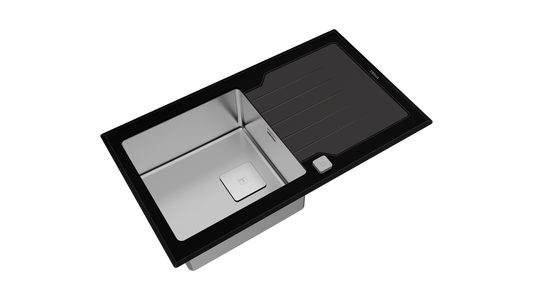 Chiuveta din inox Teka DIAMOND RS15 1B 1D 86, cu finisaj din sticlă PureLine, 1 cuvă din inox și 1 picurător, 860 x 510 mm, Sticla neagra