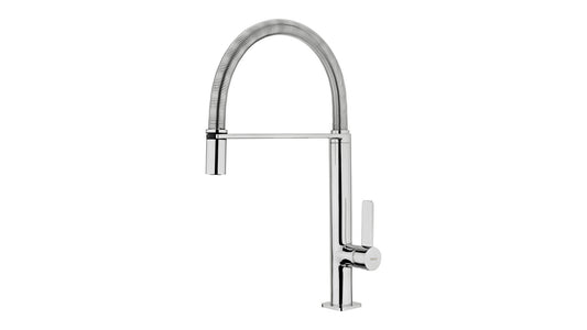 Baterie de bucatarie Teka FO 939, cu teava înalta, rotativa, flexibila, furtun flexibil din inox, Crom