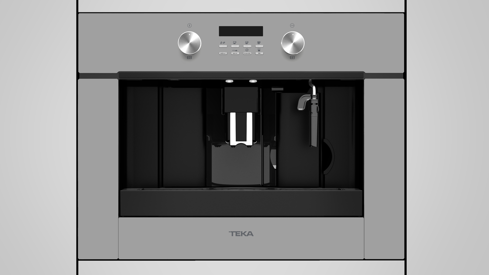 Espresso încorporabil Teka CLC 855 GM SM gri metalic cu panou de control digital și aburitor lateral.