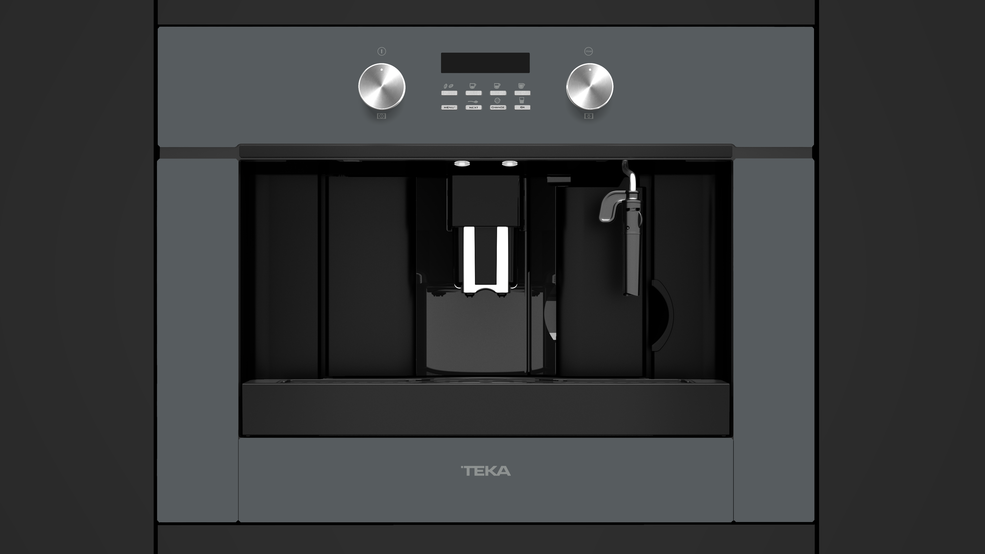 Espresso încorporabil Teka Cristal Stone Grey cu display digital, butoane rotative și steam wand din inox.