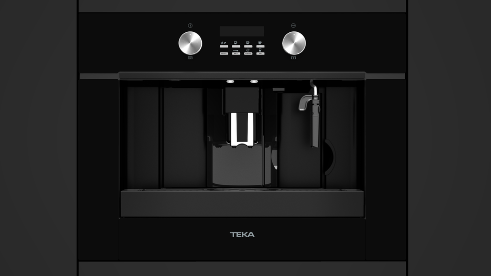 Espressor încorporabil negru Teka cu display digital, butoane rotative și duză pentru aburi, fără ramă inox.