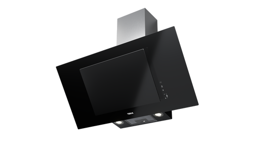 Hota cu design vertical Teka DVT 98660 TBS BK, paravan din sticlă de culoare neagra, Funcţie Fresh AIR, 90 cm