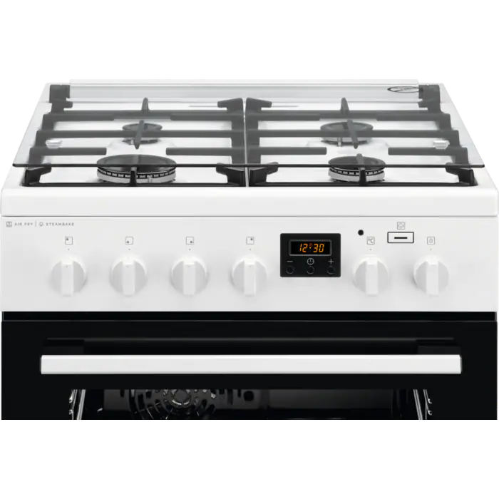 Aragaz Mixt Electrolux LKK660200W, Cuptor electric 11 fuctii, Plita gaz, 4 arzatoare, Gatire cu abur AirFry, Grill electric, Timer electronic, 60 cm, 58 litri, Clasa A, alb