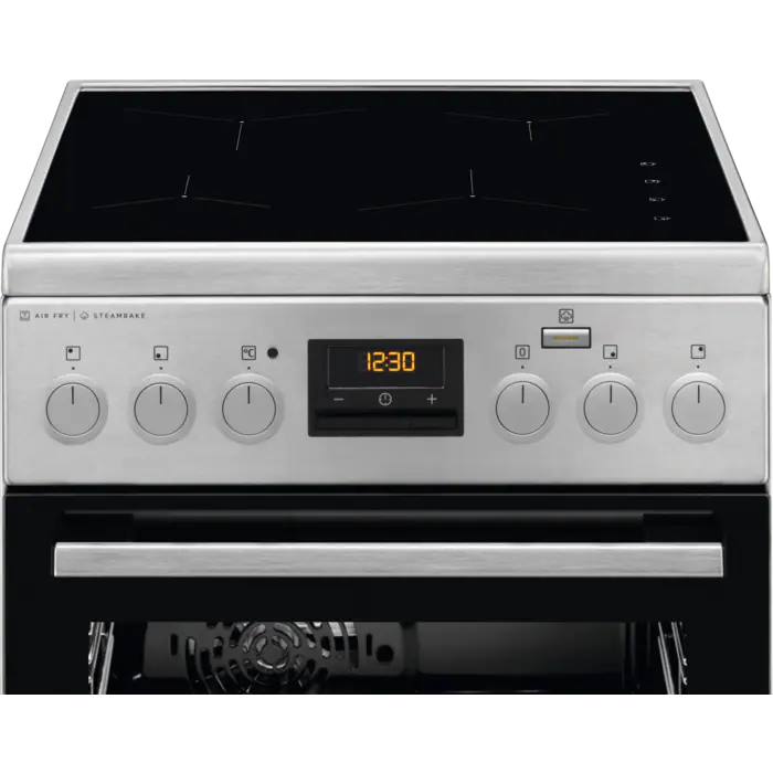 Aragaz electric Electrolux LKR564200K, Cuptor electric 11 fuctii, Plita Inductie, 4 arzatoare, Gatire cu abur AirFry, Grill electric, Timer electronic, Autocuratare catalictica, Butoane retractabile, Booster, 50 cm, 58 litri, Clasa A, inox