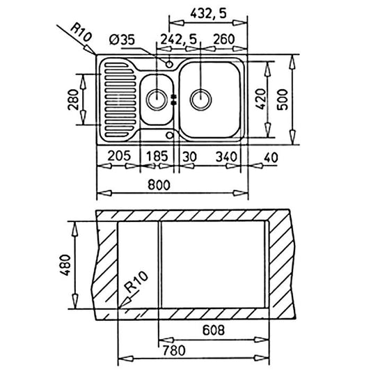 Chiuveta din inox Teka PRINCESS 1 1/2B 1/2D, 2 cuve, 800 mm x 500 mm, inox mat, Picurator dreapta